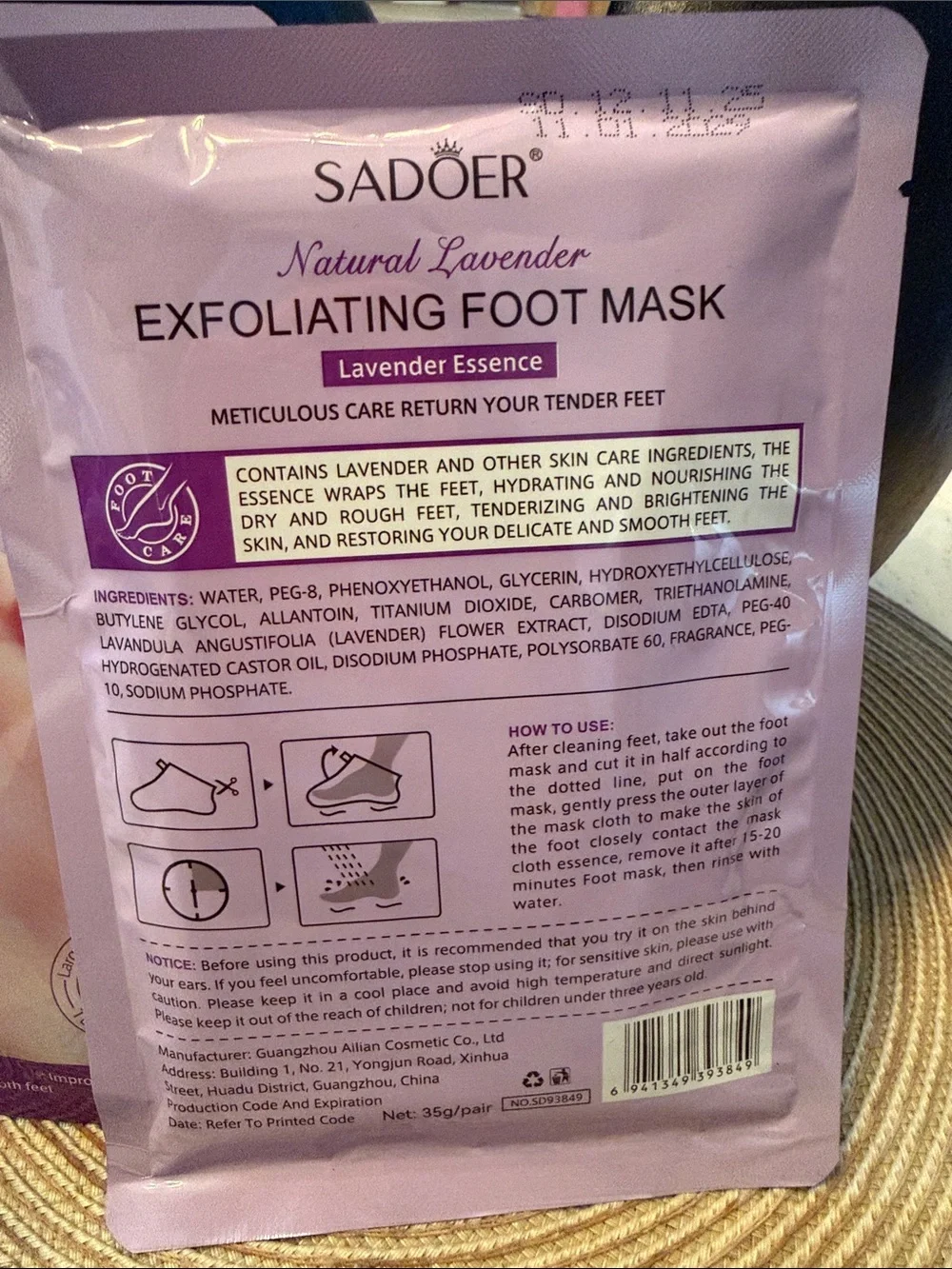 SADOER Lavender Exfoliating Foot Mask SET OF 2 Soothing Purple